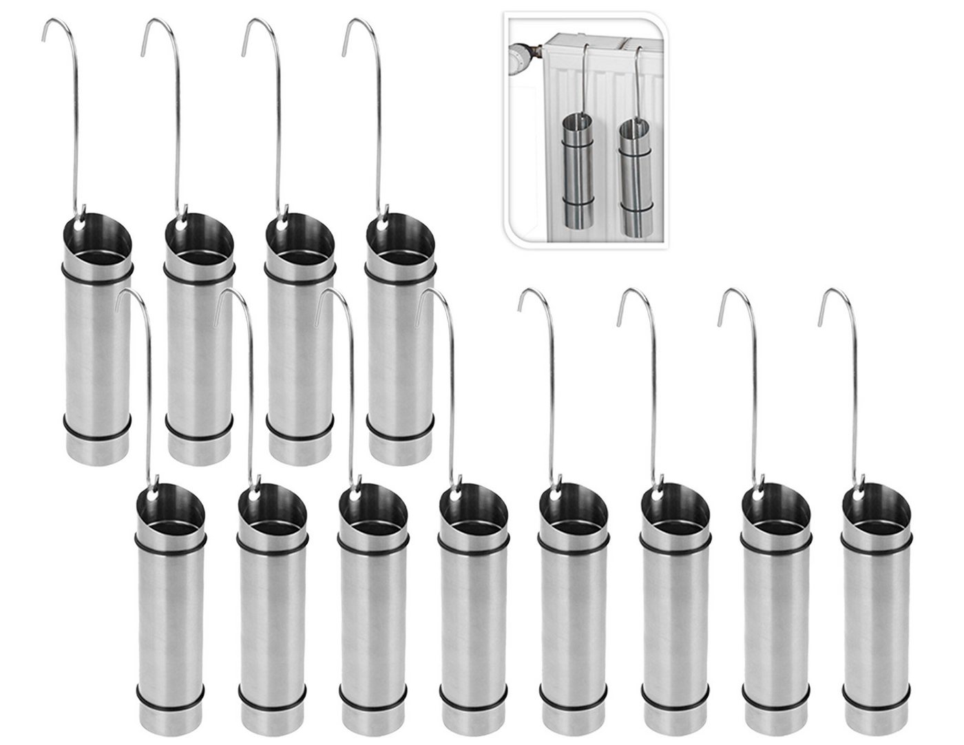 Koopman Luftbefeuchter Verdunster Edelstahl Heizkörper 12 er Set, Haken zum Einhängen, 150 ml, Gummiring, einfache Montage, Edelstahl
