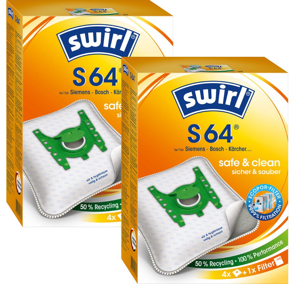 Swirl Staubsaugerbeutel Swirl S64 S 64, passend für Bosch Siemens Kärcher Staubsauger, inkl. 2 Filter - zuschneidbar, 8 St., Optimale Passform, MicroPor® Plus-Qualität für lange Nutzungsdauer