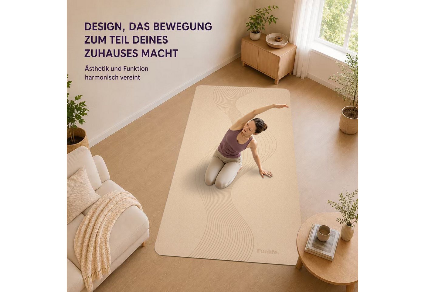 FunLife Yogamatte EXTRA WIDE 80 CM – einzeln oder mit 3 Widerstandsbändern (Set, Yogamatte, Tragegurt), extra breit, 8 mm gepolstert, rutschhemmend Bild 2