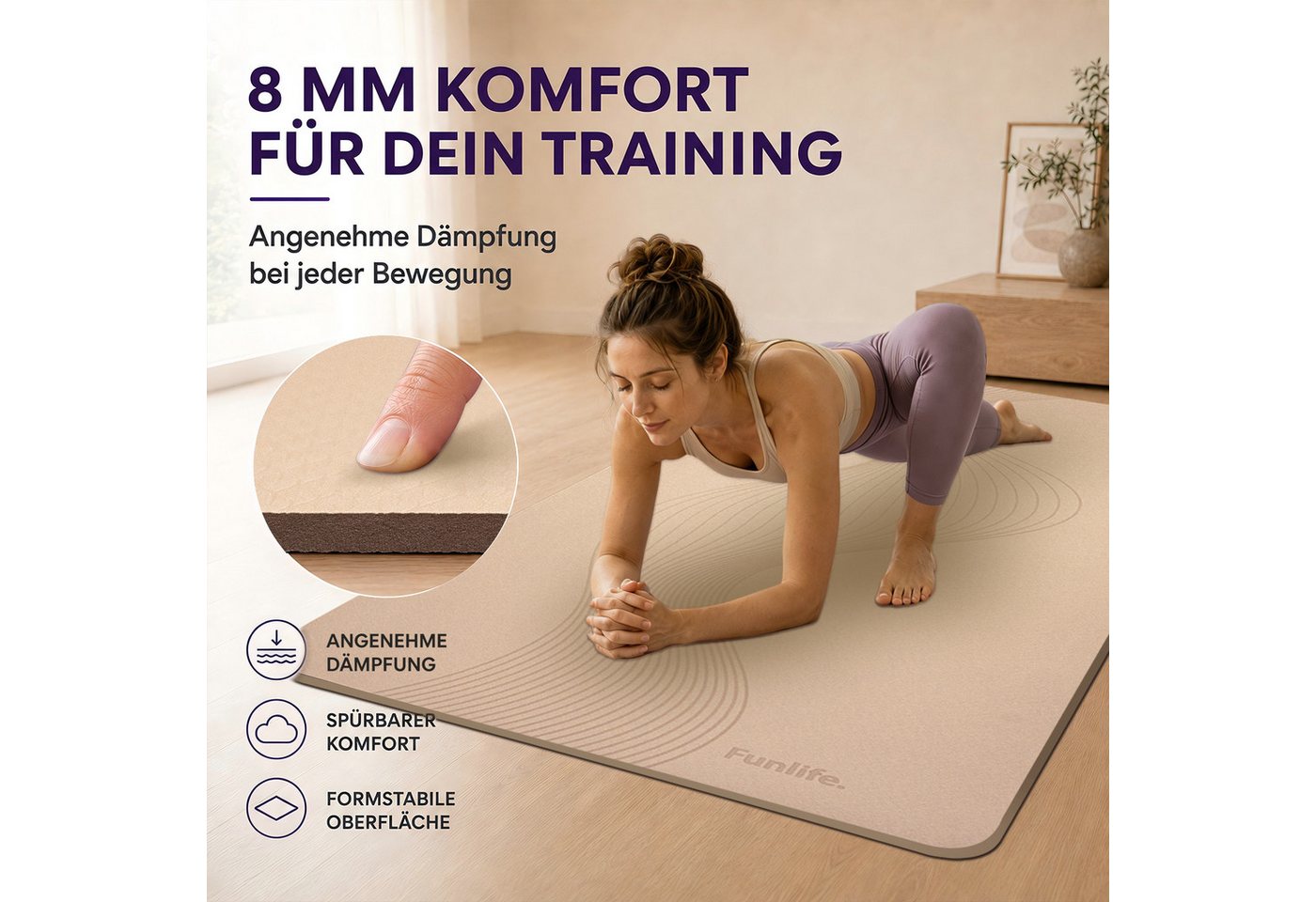 FunLife Yogamatte EXTRA WIDE 80 CM – einzeln oder mit 3 Widerstandsbändern (Set, Yogamatte, Tragegurt), extra breit, 8 mm gepolstert, rutschhemmend Bild 3