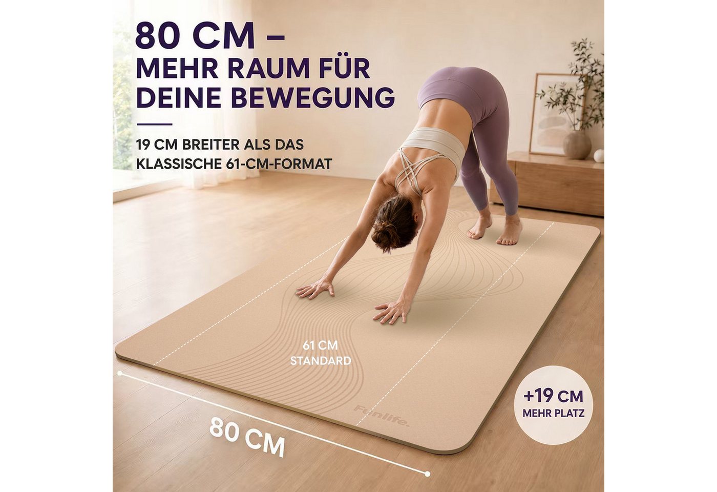 FunLife Yogamatte EXTRA WIDE 80 CM – einzeln oder mit 3 Widerstandsbändern (Set, Yogamatte, Tragegurt), extra breit, 8 mm gepolstert, rutschhemmend Bild 5