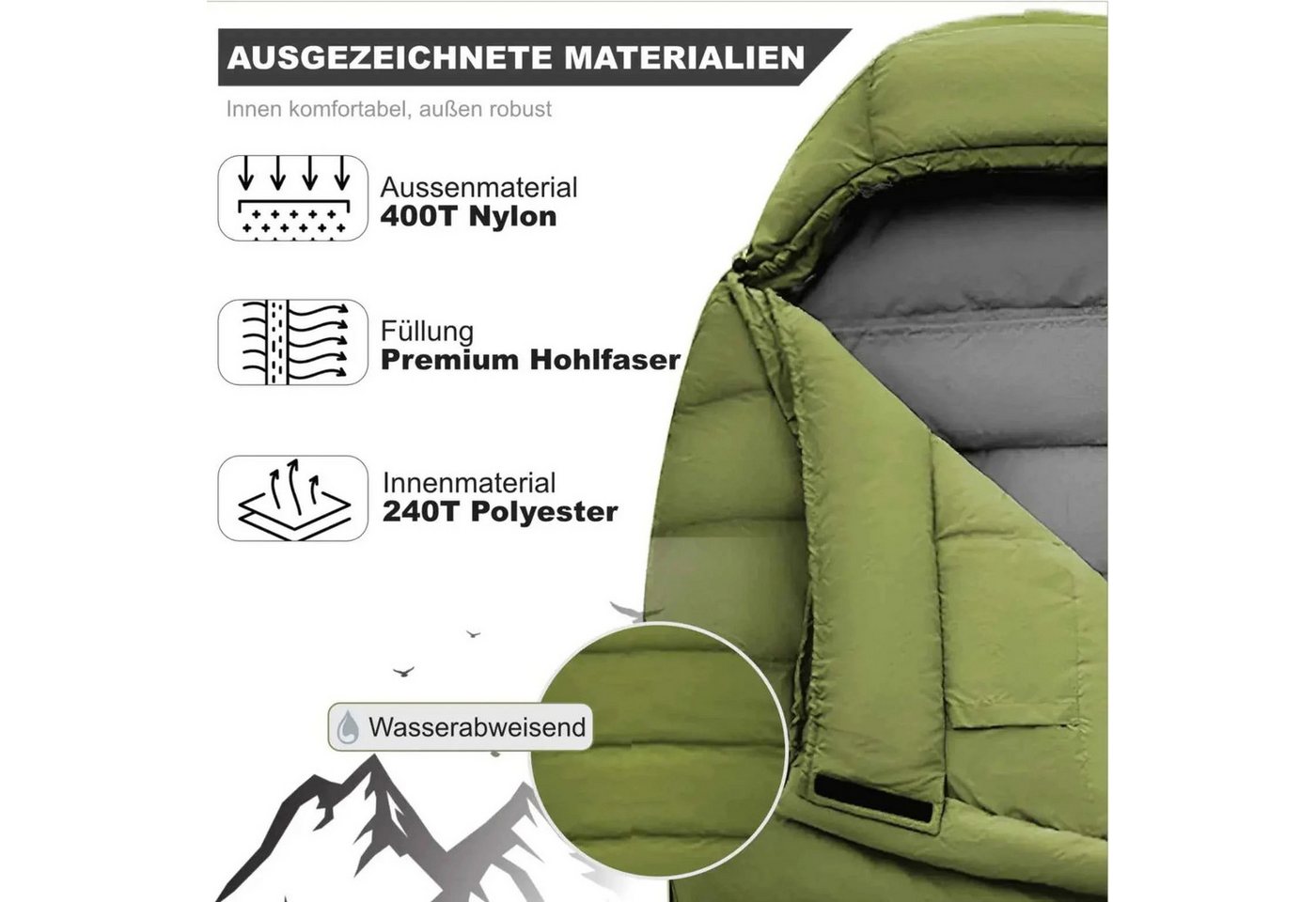 Norskskin Mumienschlafsack Mumienschlafsack Norskskin Ultralight Green 800 g 205 cm Koppelbar, Ultraleicht, 2 Wege Reißverschluss, Kopfkissenfack, Mumienschlafsack