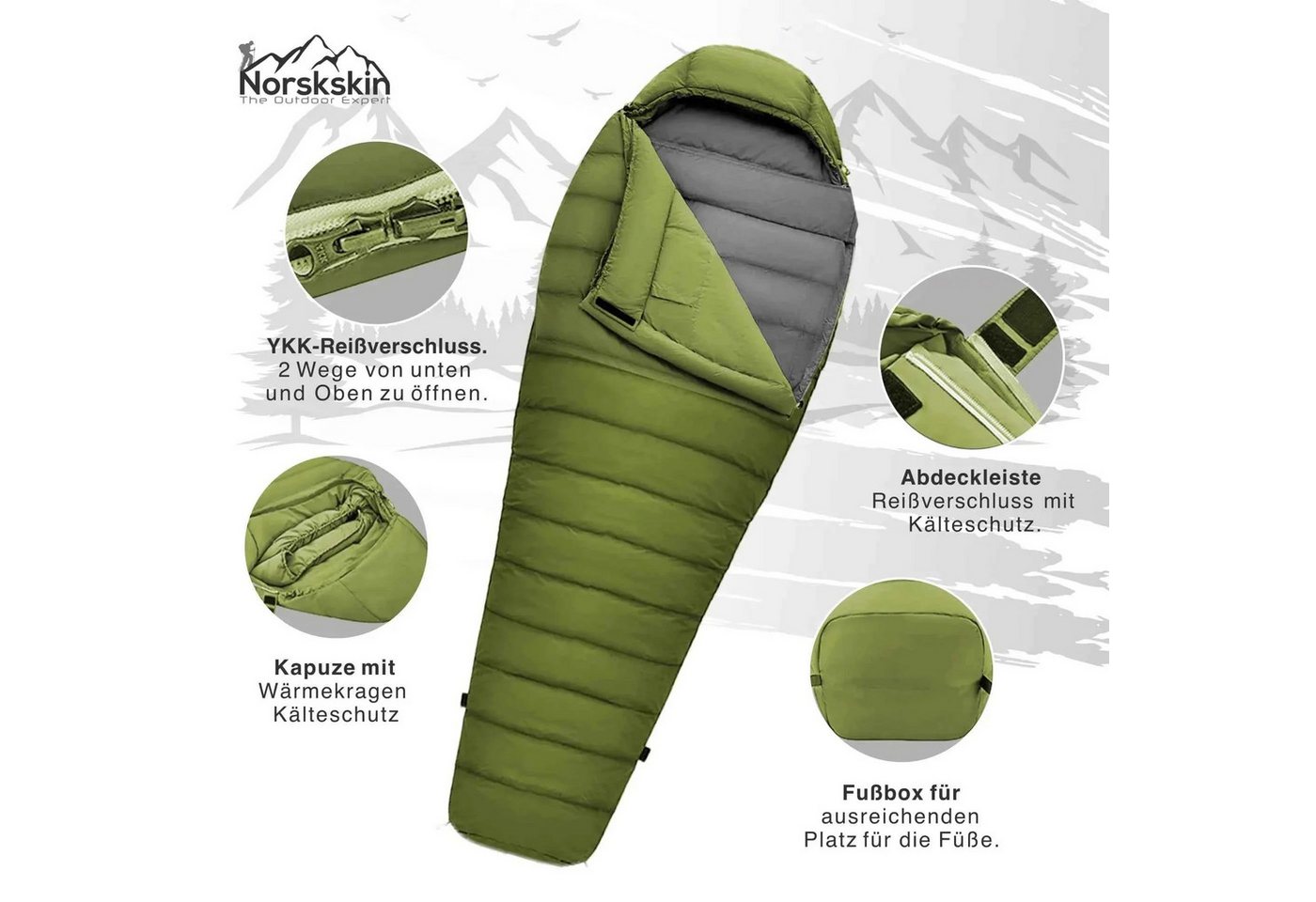 Norskskin Mumienschlafsack Mumienschlafsack Norskskin Ultralight Green 800 g 205 cm Koppelbar, Ultraleicht, 2 Wege Reißverschluss, Kopfkissenfack, Mumienschlafsack Bild 2