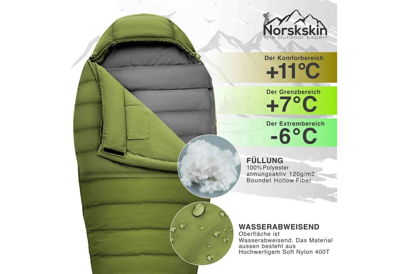 Norskskin Mumienschlafsack Mumienschlafsack Norskskin Ultralight Green 800 g 205 cm Koppelbar, Ultraleicht, 2 Wege Reißverschluss, Kopfkissenfack, Mumienschlafsack Bild 3