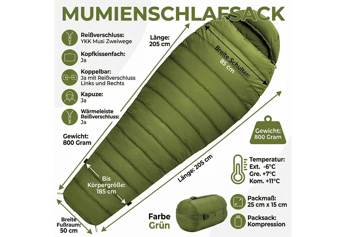 Norskskin Mumienschlafsack Mumienschlafsack Norskskin Ultralight Green 800 g 205 cm Koppelbar, Ultraleicht, 2 Wege Reißverschluss, Kopfkissenfack, Mumienschlafsack Bild 4