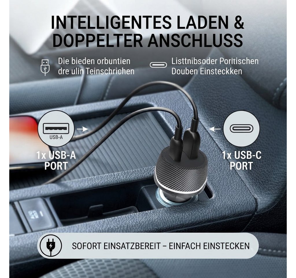 Fyrove Zigarettenanzünder-Verteiler Auto Ladegerät USB, KFZ Ladegerät (kompatibel mit Apple Find My (nur iOS), USB-C, USB 3.0 Typ A zu AV OUT/Digital, 2 USB Ladeanschlüsse
