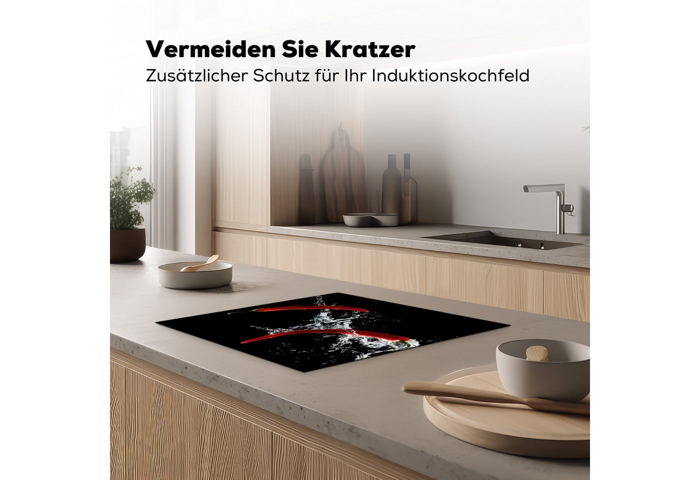 MuchoWow Herd-Abdeckplatte Chilischote - Stilleben - Wasser - Schwarz - Rot, Vinyl, (1 tlg), Ceranfeldabdeckung Küche, Herdabdeckplatte Einteilig, 60x52 cm