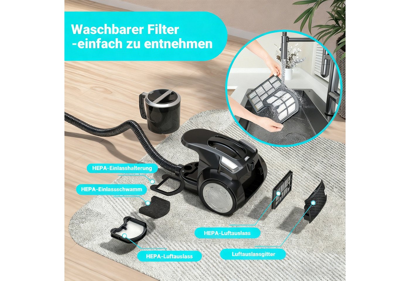 wohnTRAUM24 Bodenstaubsauger Staubsauger mit Beutel, Bodenstaubsauger für alle Bodenbeläge, beutellos, Leicht und tragbar,Starke Saugkraft,Betriebsgeräusch unter 70 Dezibel Bild 2