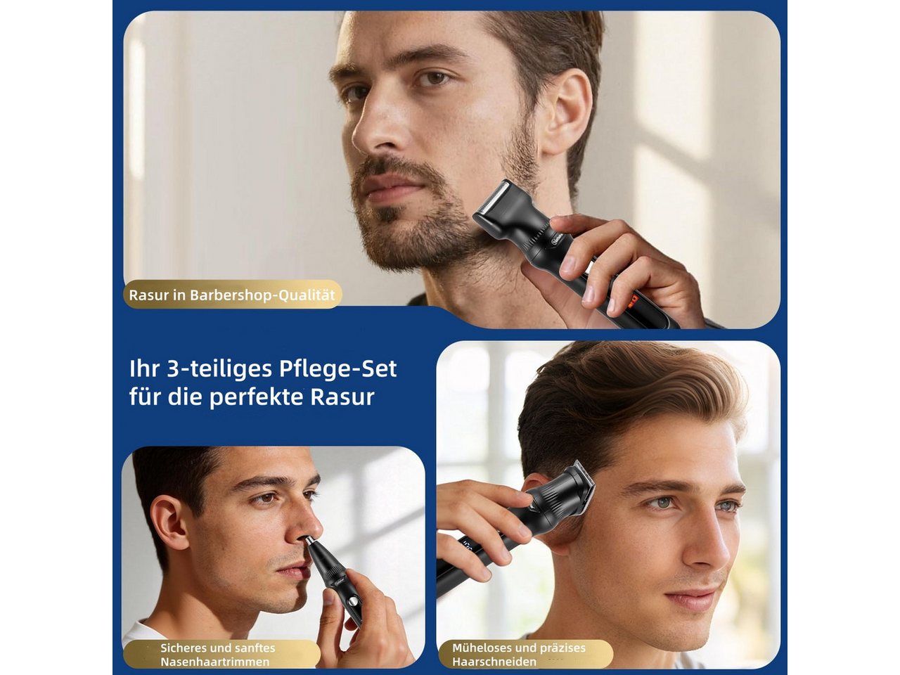 HATTEKER Bartschneider HT-6503, Haarschneider, Rasierer & Nasenhaartrimmer, 3-in-1 Herren-Pflegeset