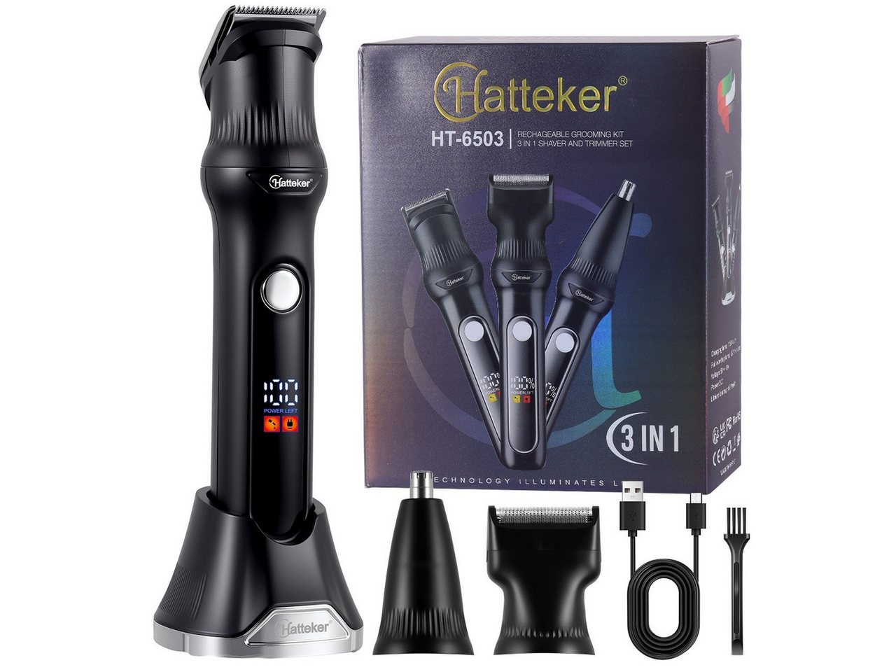 HATTEKER Bartschneider HT-6503, Haarschneider, Rasierer & Nasenhaartrimmer, 3-in-1 Herren-Pflegeset Bild 5