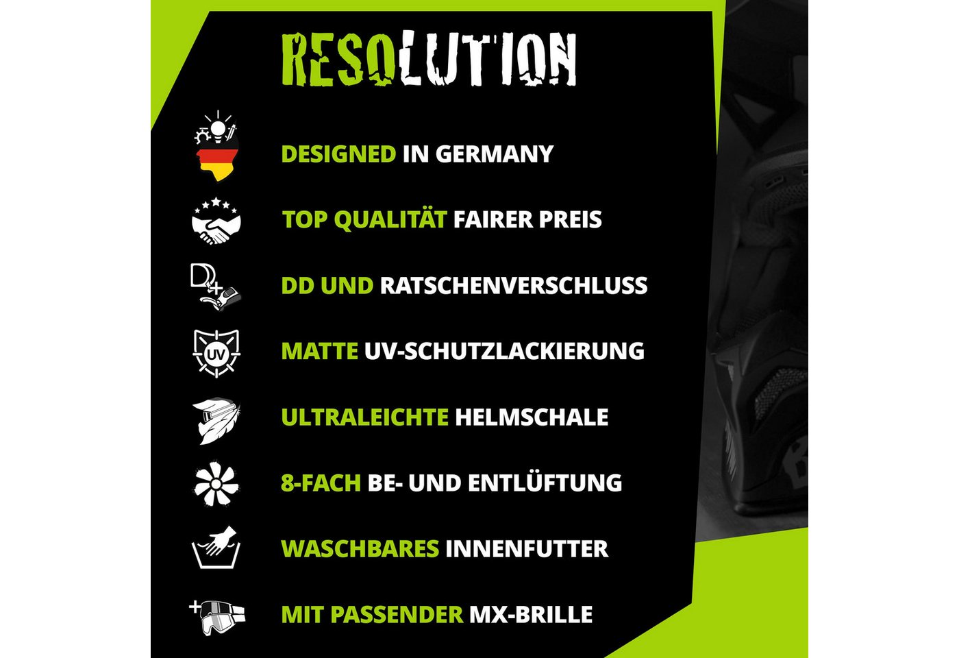 Broken Head Motocrosshelm Resolution Grün (Mit MX-2 Schwarz), Mit zwei Verschlüssen Bild 3