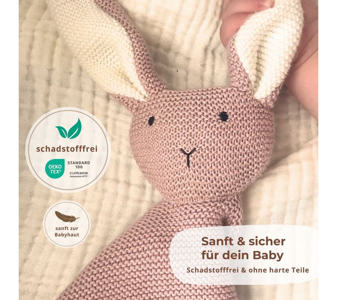 DIKOS Kuscheltuch SCHMUSE-Hase mit Söckchen 100% Bio-Baumwolle PREMIUM Geschenkset, (Strick-Set, Schmusetuch mit süßem Hasen - ideal als erster Kuscheltier), Geschenk zur Geburt, Babygeschenk, Erstausstattung Neugeborene