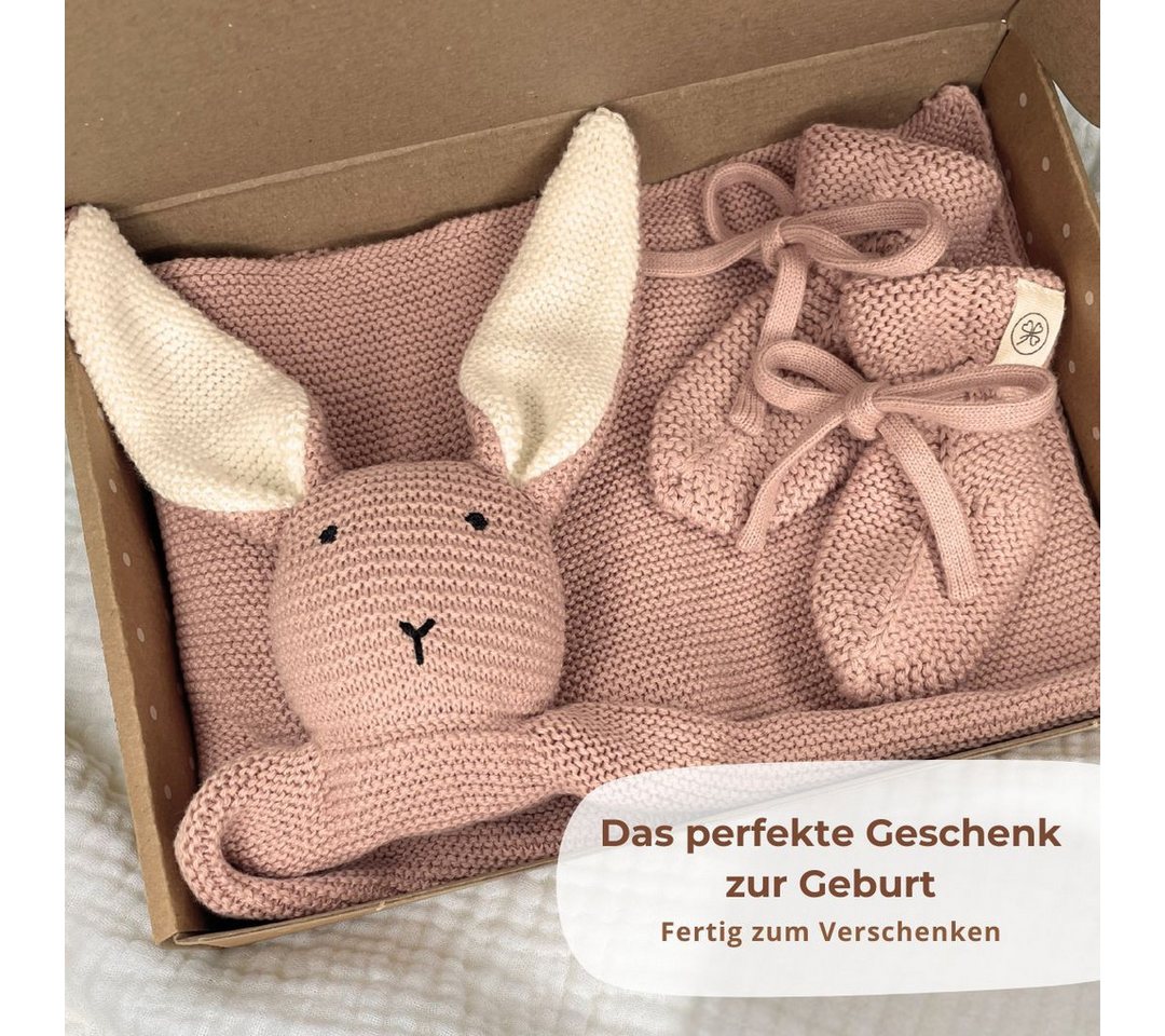 DIKOS Kuscheltuch SCHMUSE-Hase mit Söckchen 100% Bio-Baumwolle PREMIUM Geschenkset, (Strick-Set, Schmusetuch mit süßem Hasen - ideal als erster Kuscheltier), Geschenk zur Geburt, Babygeschenk, Erstausstattung Neugeborene Bild 3