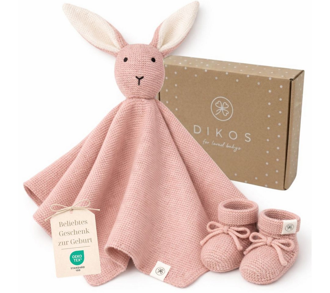 DIKOS Kuscheltuch SCHMUSE-Hase mit Söckchen 100% Bio-Baumwolle PREMIUM Geschenkset, (Strick-Set, Schmusetuch mit süßem Hasen - ideal als erster Kuscheltier), Geschenk zur Geburt, Babygeschenk, Erstausstattung Neugeborene Bild 4