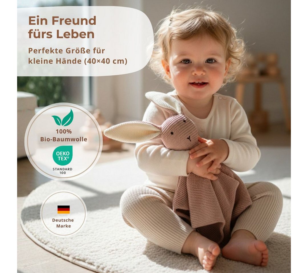 DIKOS Kuscheltuch SCHMUSE-Hase mit Söckchen 100% Bio-Baumwolle PREMIUM Geschenkset, (Strick-Set, Schmusetuch mit süßem Hasen - ideal als erster Kuscheltier), Geschenk zur Geburt, Babygeschenk, Erstausstattung Neugeborene Bild 5