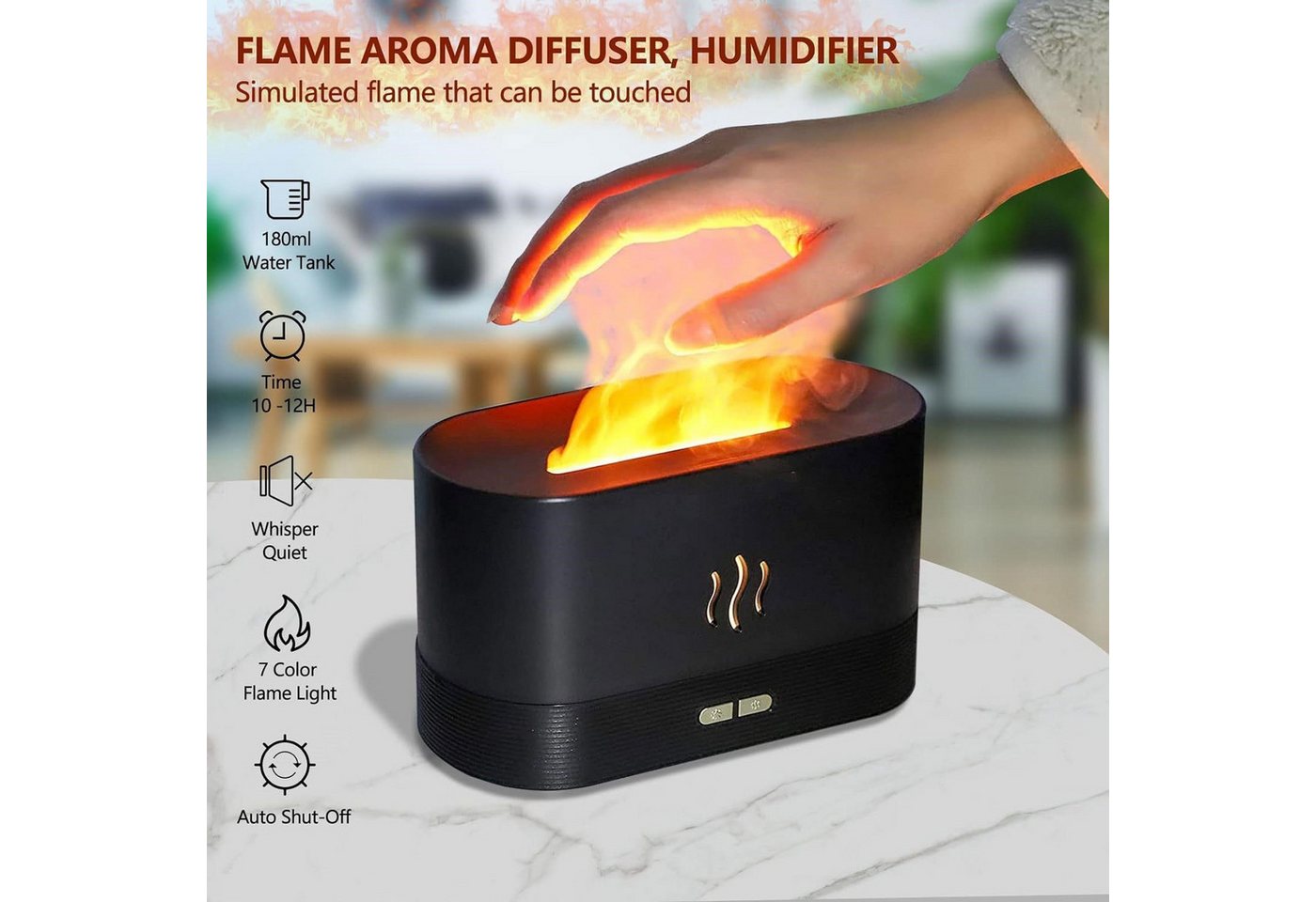 AURIVION Luftentfeuchter 3-in-1 Flammen Luftbefeuchter 180ml mit Aroma Diffuser, für 125 m³ Räume, Entfeuchtung 0,36 l/Tag, Tank 0,18 l, Aromadiffusor mit 7 Farben, Flammennebel & Auto-Abschaltung