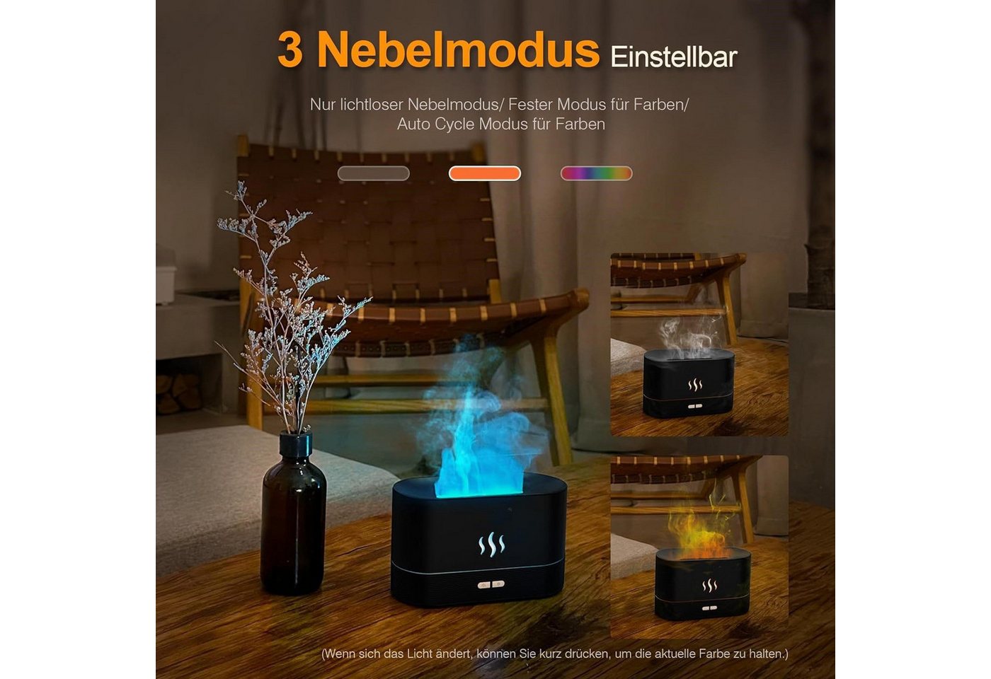 AURIVION Luftentfeuchter 3-in-1 Flammen Luftbefeuchter 180ml mit Aroma Diffuser, für 125 m³ Räume, Entfeuchtung 0,36 l/Tag, Tank 0,18 l, Aromadiffusor mit 7 Farben, Flammennebel & Auto-Abschaltung Bild 5