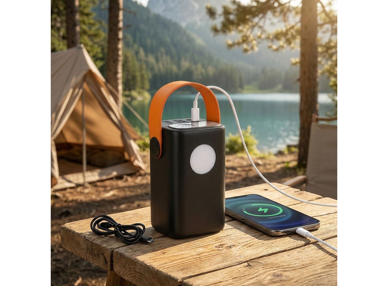 shop'n smile ideoon 100W Powerbank 60000 mAh mit LED-Lampe, Laptop Schnellladegerät Powerbank (Input (USB-C): 5 V DC bis 3 A / 15 Watt 9 V DC bis 3 A / 27 Watt 12 V DC bis 3 A / 36 Watt 15 V DC bis 3 A / 45 Watt 20 V DC bis 5 A / 100 Watt V), mit 100W USB-C PD, Display & 2 dimmbaren LED-Leuchten, Outdoor