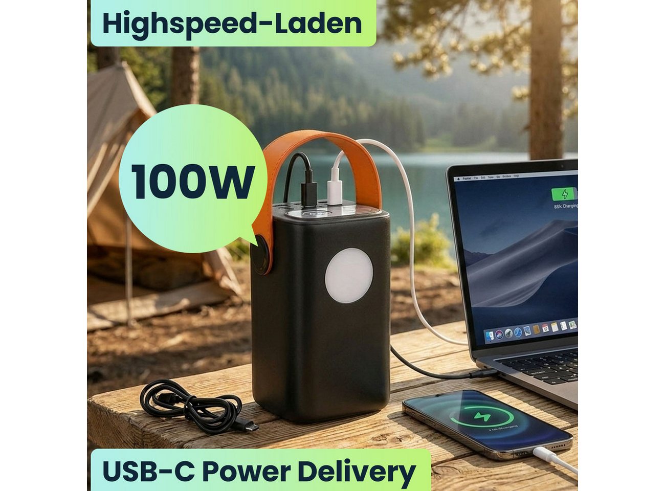 shop'n smile ideoon 100W Powerbank 60000 mAh mit LED-Lampe, Laptop Schnellladegerät Powerbank (Input (USB-C): 5 V DC bis 3 A / 15 Watt 9 V DC bis 3 A / 27 Watt 12 V DC bis 3 A / 36 Watt 15 V DC bis 3 A / 45 Watt 20 V DC bis 5 A / 100 Watt V), mit 100W USB-C PD, Display & 2 dimmbaren LED-Leuchten, Outdoor Bild 2