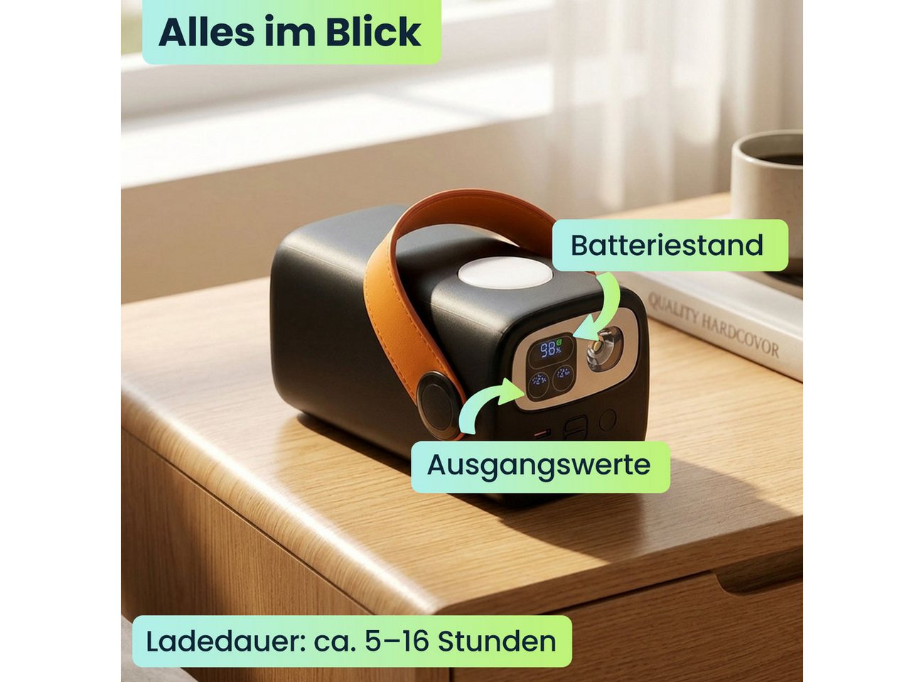 shop'n smile ideoon 100W Powerbank 60000 mAh mit LED-Lampe, Laptop Schnellladegerät Powerbank (Input (USB-C): 5 V DC bis 3 A / 15 Watt 9 V DC bis 3 A / 27 Watt 12 V DC bis 3 A / 36 Watt 15 V DC bis 3 A / 45 Watt 20 V DC bis 5 A / 100 Watt V), mit 100W USB-C PD, Display & 2 dimmbaren LED-Leuchten, Outdoor Bild 3