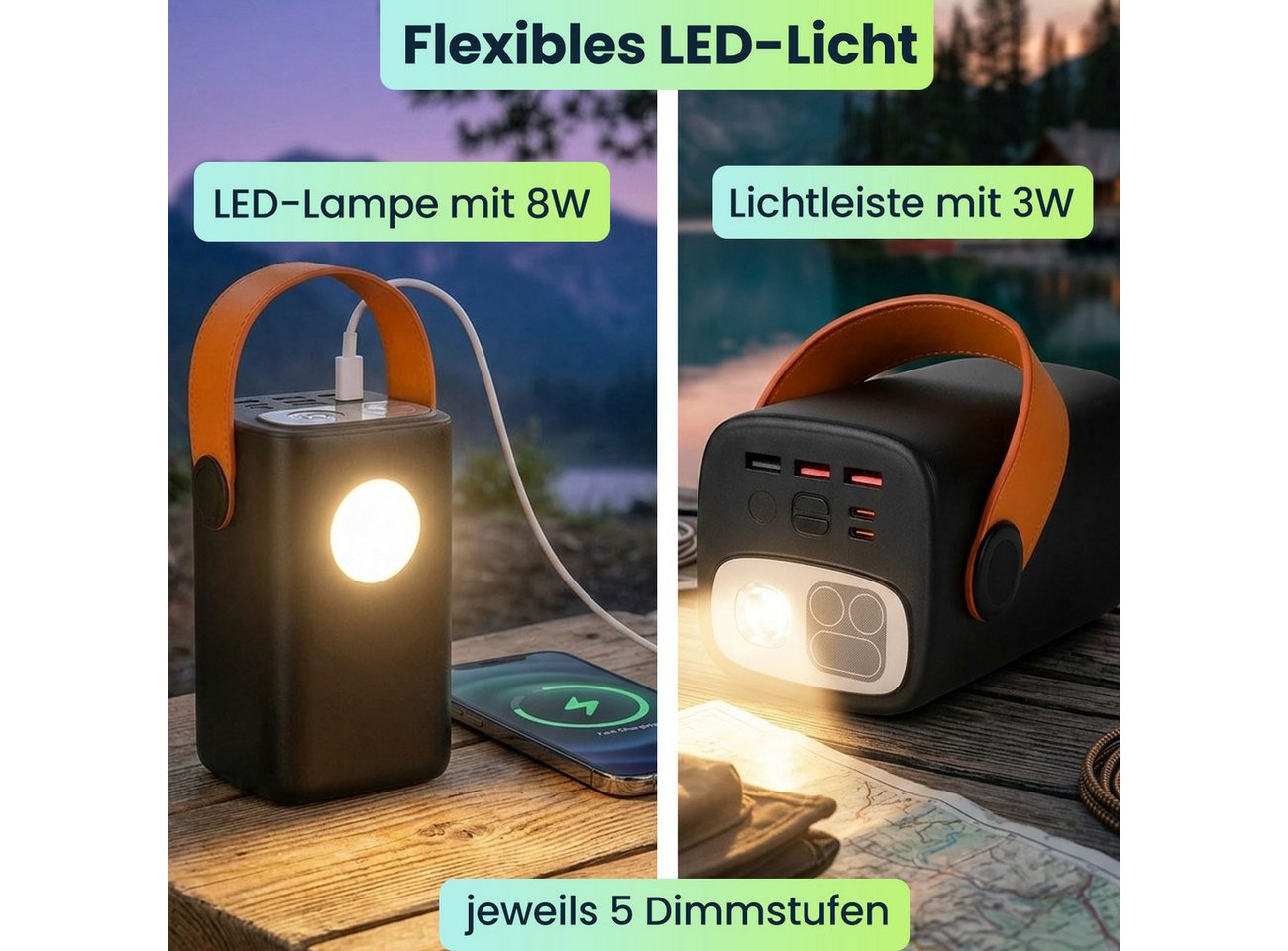 shop'n smile ideoon 100W Powerbank 60000 mAh mit LED-Lampe, Laptop Schnellladegerät Powerbank (Input (USB-C): 5 V DC bis 3 A / 15 Watt 9 V DC bis 3 A / 27 Watt 12 V DC bis 3 A / 36 Watt 15 V DC bis 3 A / 45 Watt 20 V DC bis 5 A / 100 Watt V), mit 100W USB-C PD, Display & 2 dimmbaren LED-Leuchten, Outdoor Bild 4