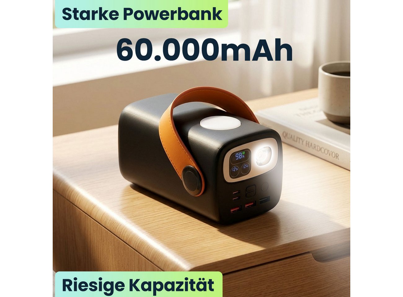 shop'n smile ideoon 100W Powerbank 60000 mAh mit LED-Lampe, Laptop Schnellladegerät Powerbank (Input (USB-C): 5 V DC bis 3 A / 15 Watt 9 V DC bis 3 A / 27 Watt 12 V DC bis 3 A / 36 Watt 15 V DC bis 3 A / 45 Watt 20 V DC bis 5 A / 100 Watt V), mit 100W USB-C PD, Display & 2 dimmbaren LED-Leuchten, Outdoor Bild 5