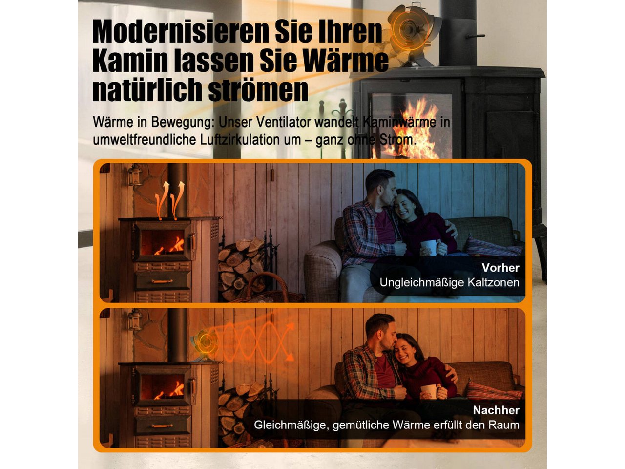 SunJas Kaminventilator 4 Flügel Ofenventilator Ohne Strom, Wärmebetriebener, Leiser, Mini Kaminlüfter,Umweltfreundlich für Pellet/Holzbrenner/Kamin