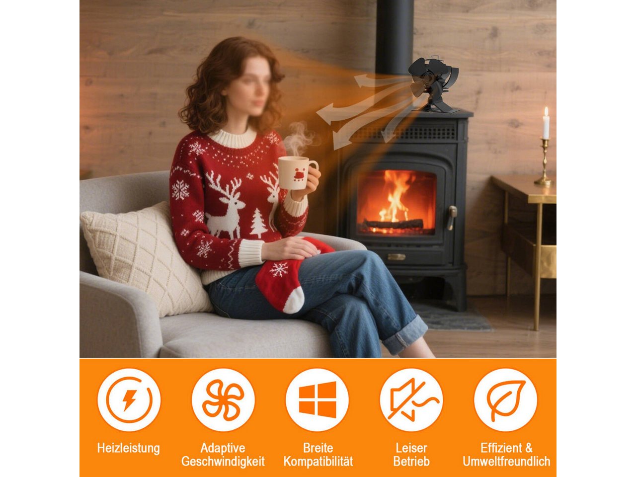 SunJas Kaminventilator 4 Flügel Ofenventilator Ohne Strom, Wärmebetriebener, Leiser, Mini Kaminlüfter,Umweltfreundlich für Pellet/Holzbrenner/Kamin Bild 2