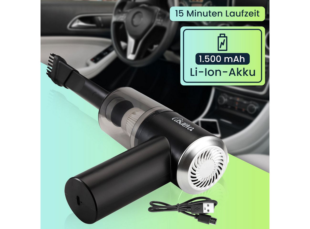 Casativo Akku-Handstaubsauger Akku-Handstaubsauger 50W mit LED & HEPA-Filter 3kPa Saugkraft Schwarz, 50 W, beutellos, Minisauger kabellos/15 Min. Laufzeit/leicht (310 g)/80db