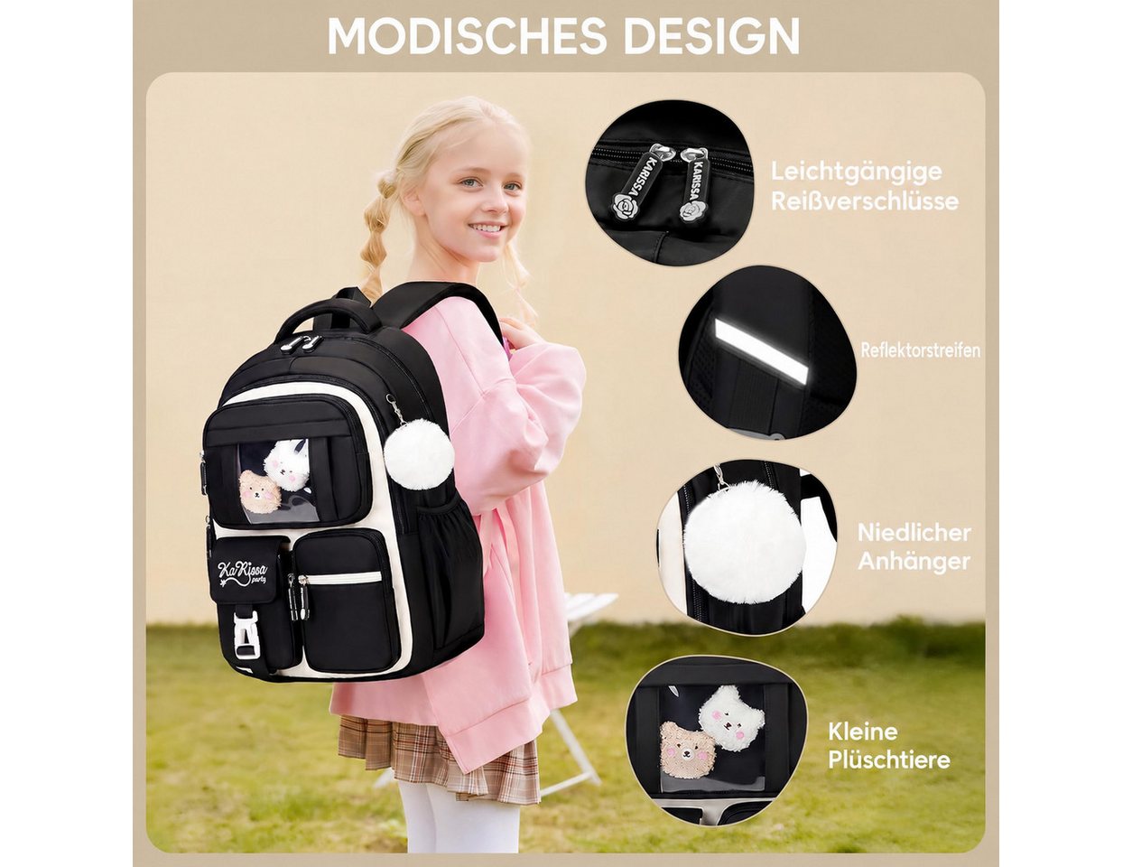 Forrlite Schulrucksack Mädchen, Schülerrucksack ergonomisch, Schultasche Kinder (Freizeitrucksack mit Reflexstreifen für Schule, Alltag und Reise, Ergonomisch, reflektierende Details, mehrere Fächer, gepolsterte Gurte) Bild 2