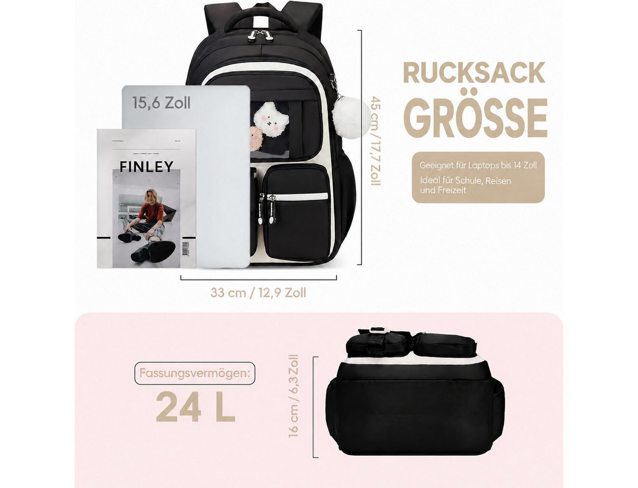 Forrlite Schulrucksack Mädchen, Schülerrucksack ergonomisch, Schultasche Kinder (Freizeitrucksack mit Reflexstreifen für Schule, Alltag und Reise, Ergonomisch, reflektierende Details, mehrere Fächer, gepolsterte Gurte) Bild 3