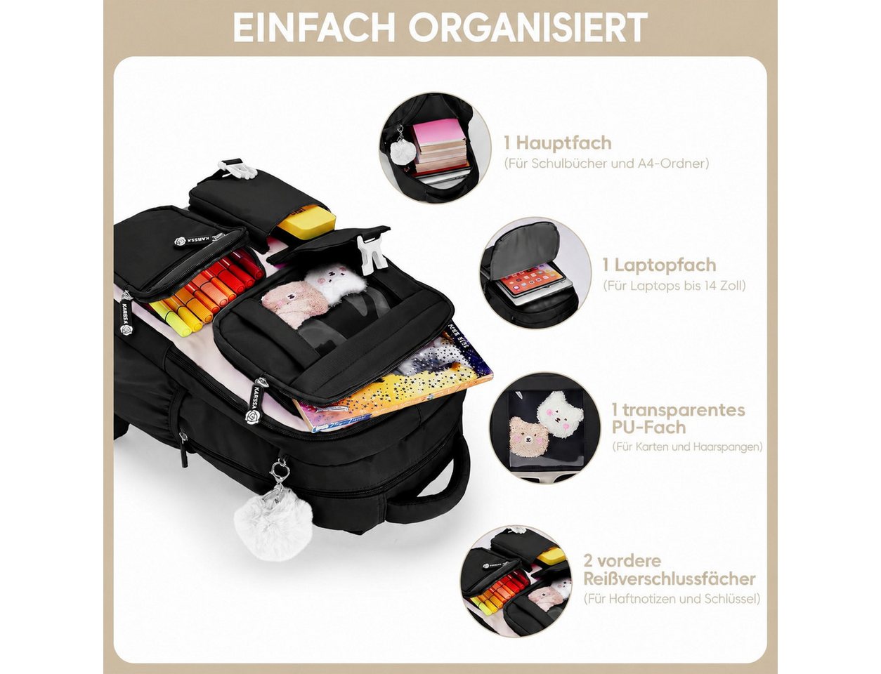 Forrlite Schulrucksack Mädchen, Schülerrucksack ergonomisch, Schultasche Kinder (Freizeitrucksack mit Reflexstreifen für Schule, Alltag und Reise, Ergonomisch, reflektierende Details, mehrere Fächer, gepolsterte Gurte) Bild 5