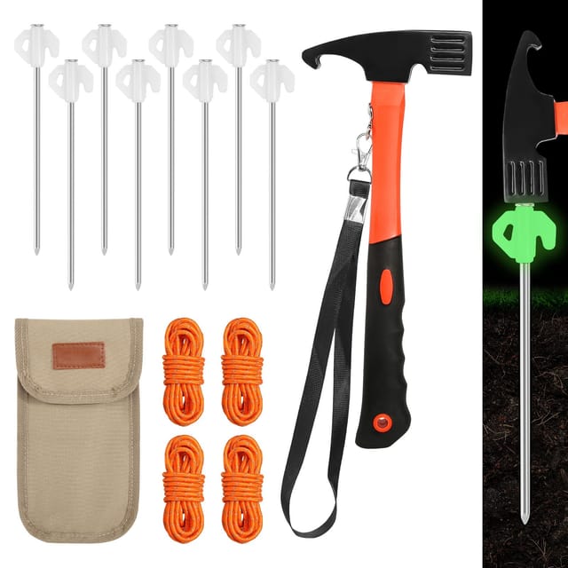 8er-Set Leuchtpflöcke, Multifunktionshammer und 4 reflektierende Spanner – Seil und Heringe – Aufbewahrungssack – Camping- und Outdoor-Zubehör