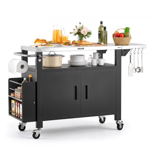 VEVOR Outdoor-Grillwagen mit Aufbewahrungsschrank, 140 cm Grilltisch mit Edelstahlplatte, Ablage, Rollen und Handtuchhalter, Küchenwagen & Servierwagen für Terrasse, Garten, Bar und BBQ-Bereich