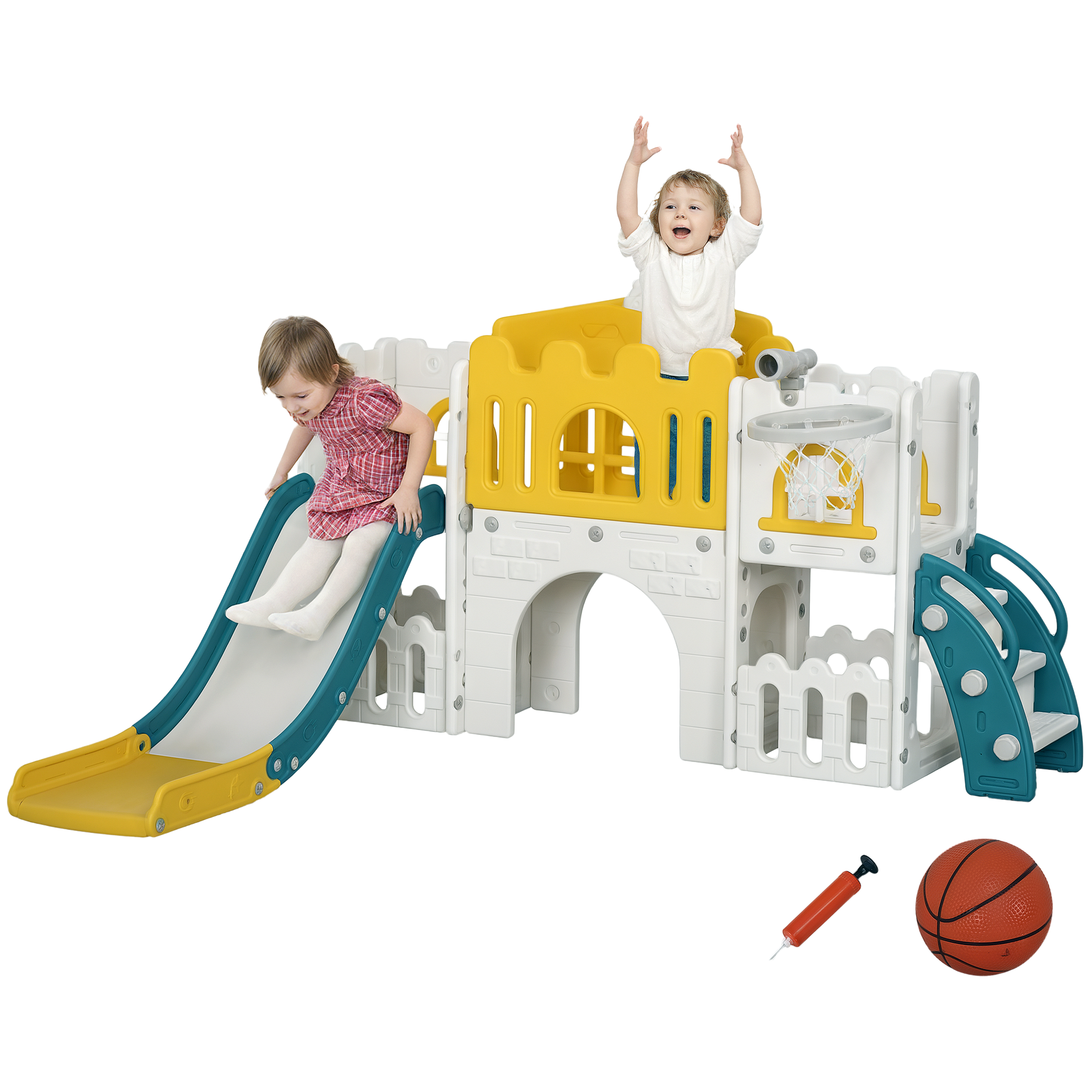 Kinderrutsche, 7-in-1-spielbereich Mit Basketballkorb Und Federball, Für Kinder Von 1-3 Jahren, Maße 178x177x99cm, Gelb/weiß/grün