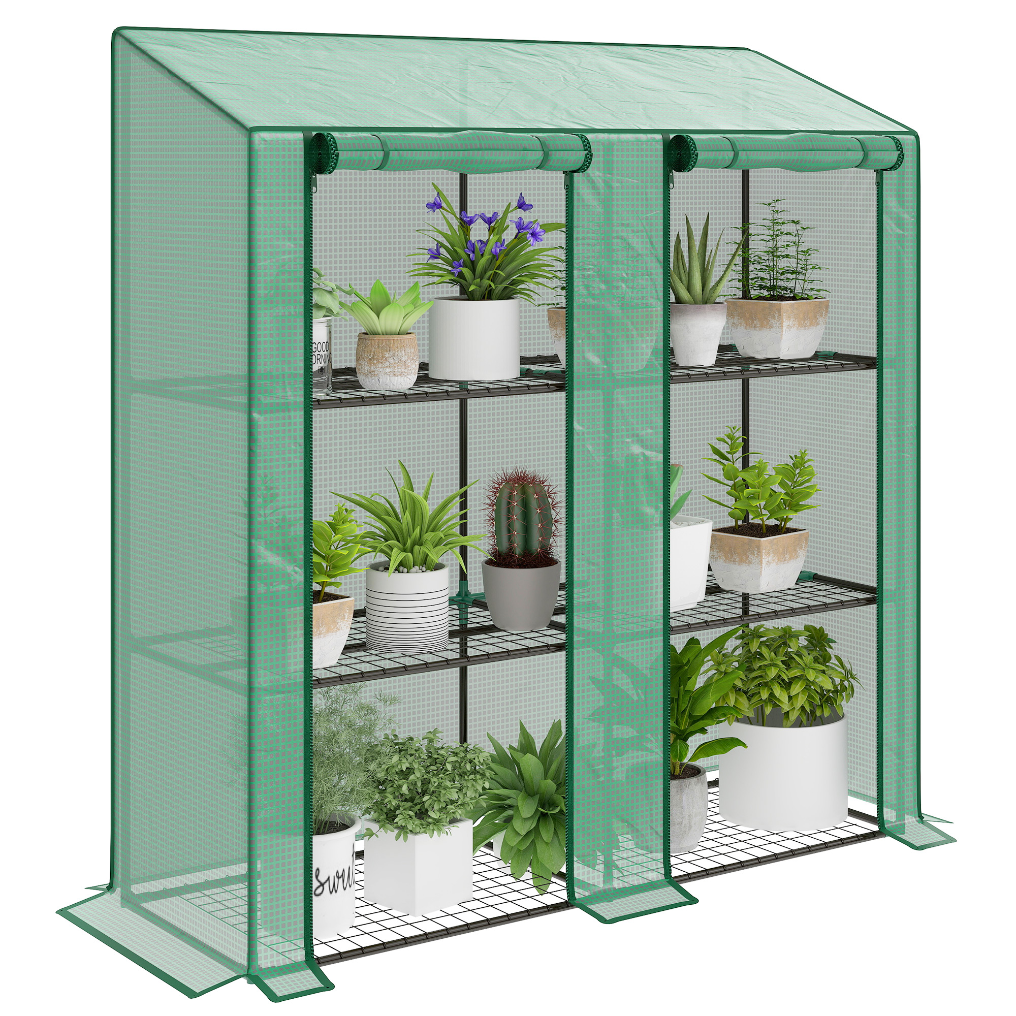 3-stöckiges Balkongewächshaus, 6 Stahlregale, Transparente Pvc-abdeckung, Grün, Für Pflanzen Und Gemüse