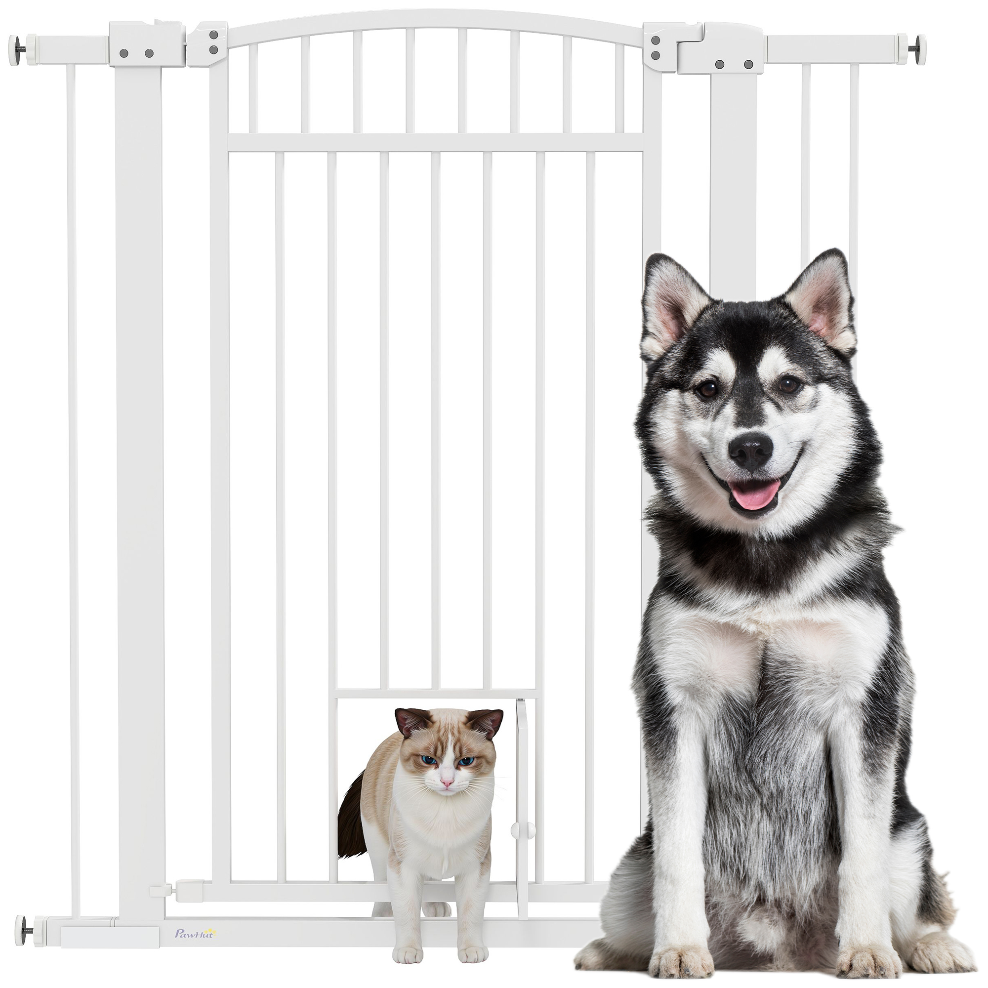 Ausziehbares Hundegitter 76–102 Cm, Integrierte Katzenklappe, Weiß