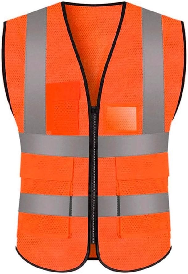 Orangefarbene XXXL-Sicherheitsnetzweste mit Taschen und Reißverschluss, Netzweste mit hoher Sichtbarkeit, reflektierende Netzweste für Männer, Frauen