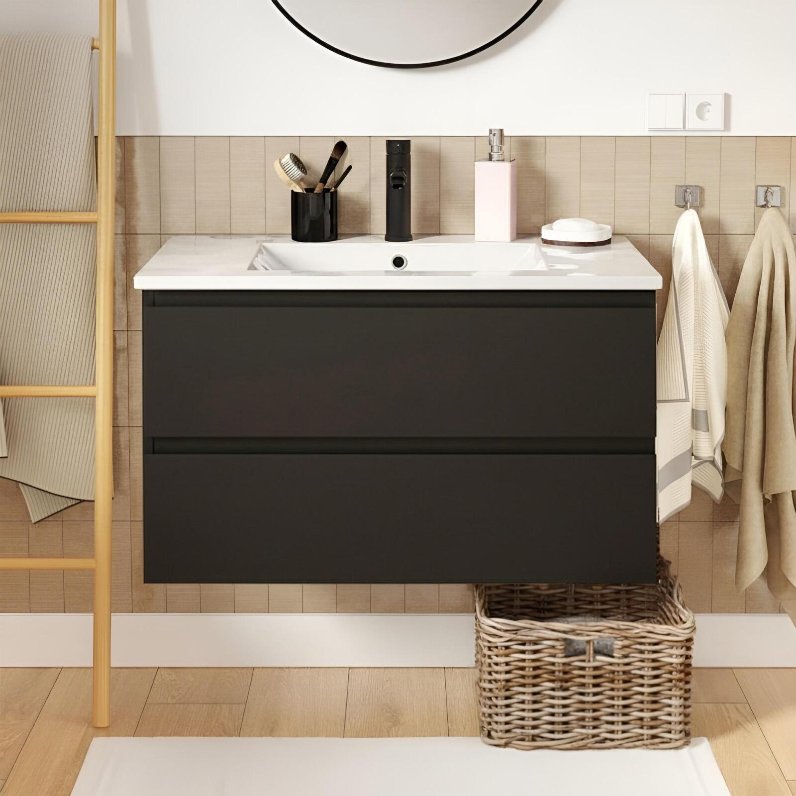 Meuble Simple Vasque 80cm Décor Chêne Sorrento Avec Vasque Et Robinet