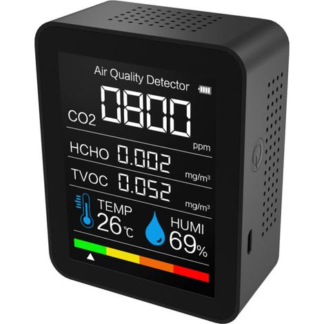 Sabir Detector Portátil De Calidad Del Aire, Medidor De Co2, Medidor Digital De Temperatura Y Humedad, Detector De Dióxido De Carbono, Tvoc, Formaldehído Y Hcho (negro)