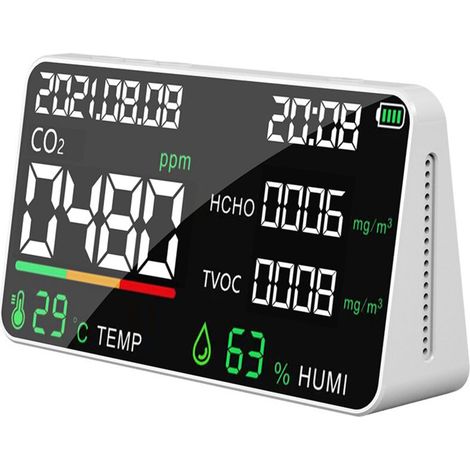 Sabir Detector De Calidad Del Aire De Co2, Detector De Dióxido De Carbono De Co2, Monitor De Co2, Sensor Detector De Temperatura Y Humedad De Contaminación Del Aire 6 En 1 Con Visualización En Tiempo