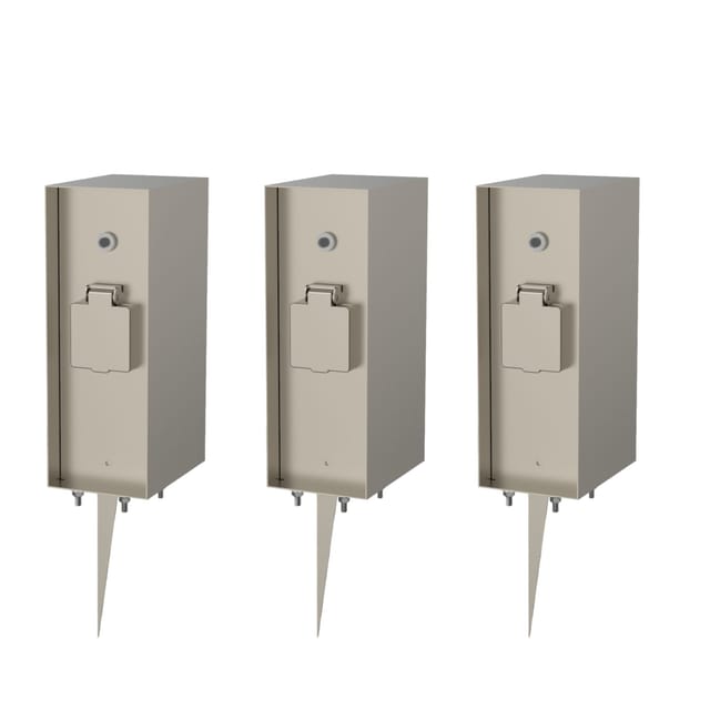 2x Novatool Gartensteckdose 2x Steckdosensäule 3-fach Silber mit Erdspieß Steckdosenleiste, Montageplatte, Dübel und Schrauben, Erdspieß