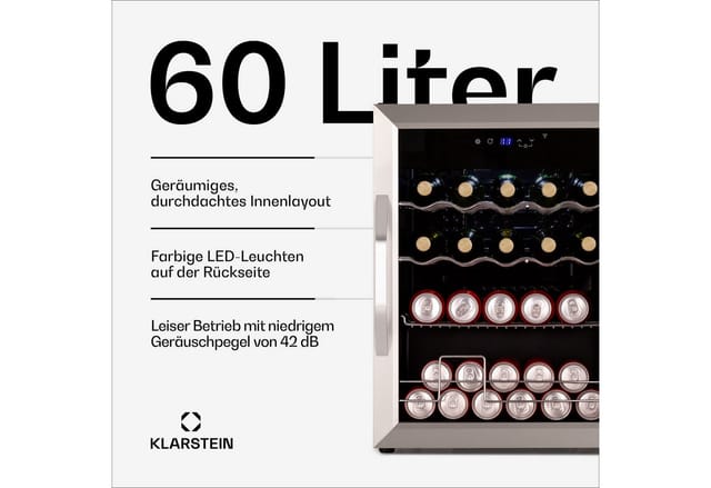 Klarstein - Coachella 65 Getränkekühlschrank - 60 l WLAN-fähig, LED-Beleuchtung, Edelstahl, Flüsterleise, 3-18 °c, Herausnehmbare Böden,