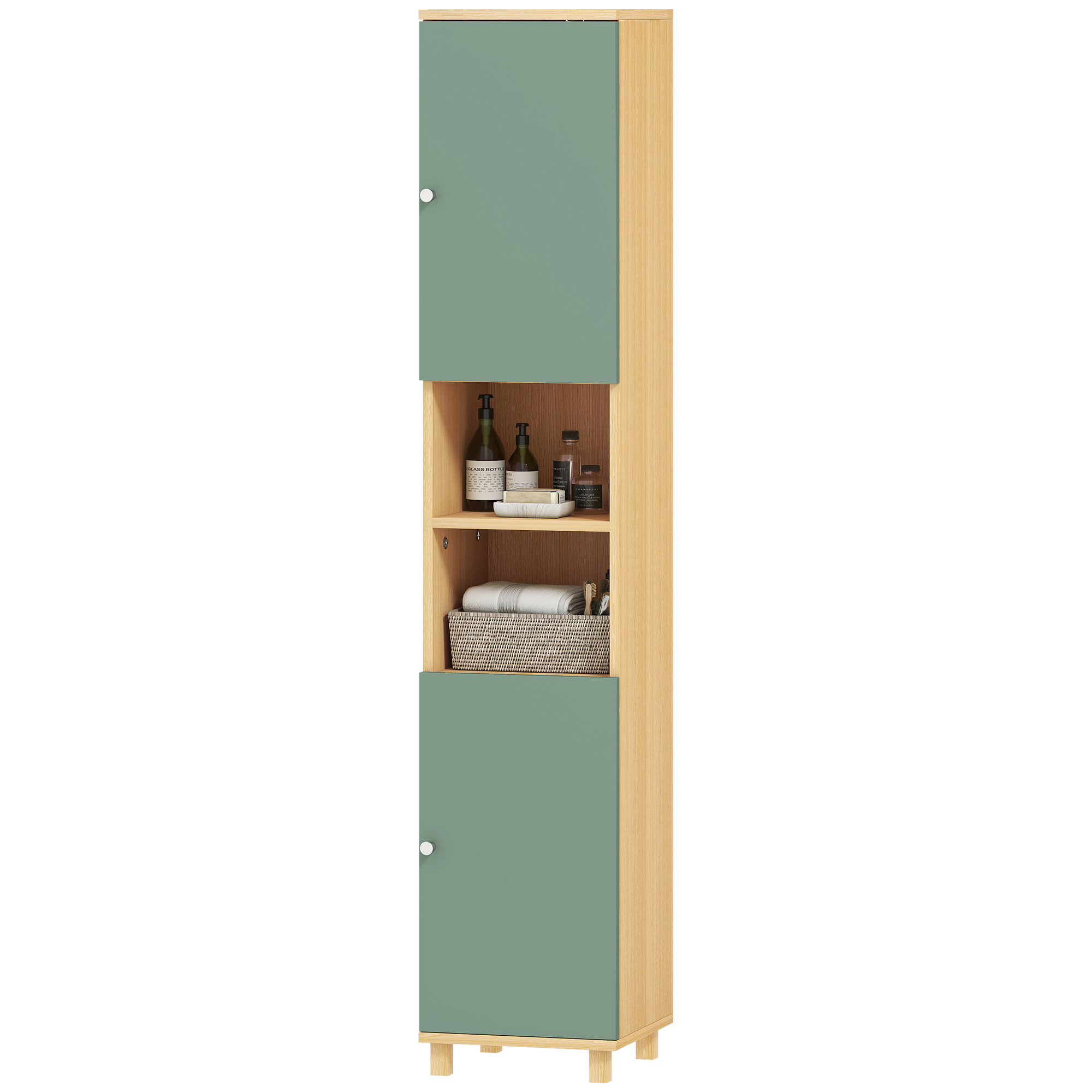 Badezimmerschrank Mit 2 Türen, 2 Nischen Und Verstellbaren Einlegeböden, 30 X 30 X 166 Cm, Grün
