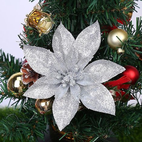 12 Pack Glitter Artificial Christmas Flowers (16cmchristmas Tree Decoration (silver)