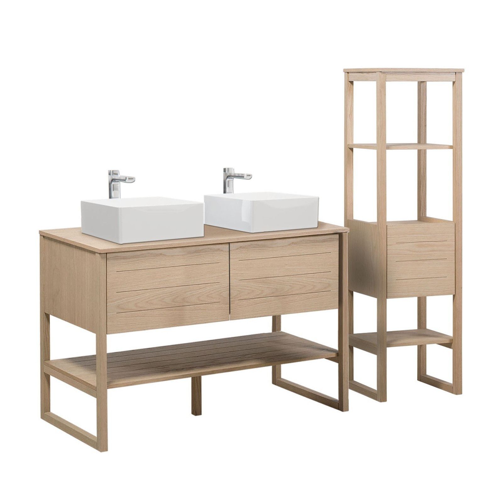 Meuble De Salle De Bain Chêne 120 Cm + Colonne De Rangement Chêne 145 Cm Atoll + 2 Vasques Carrées
