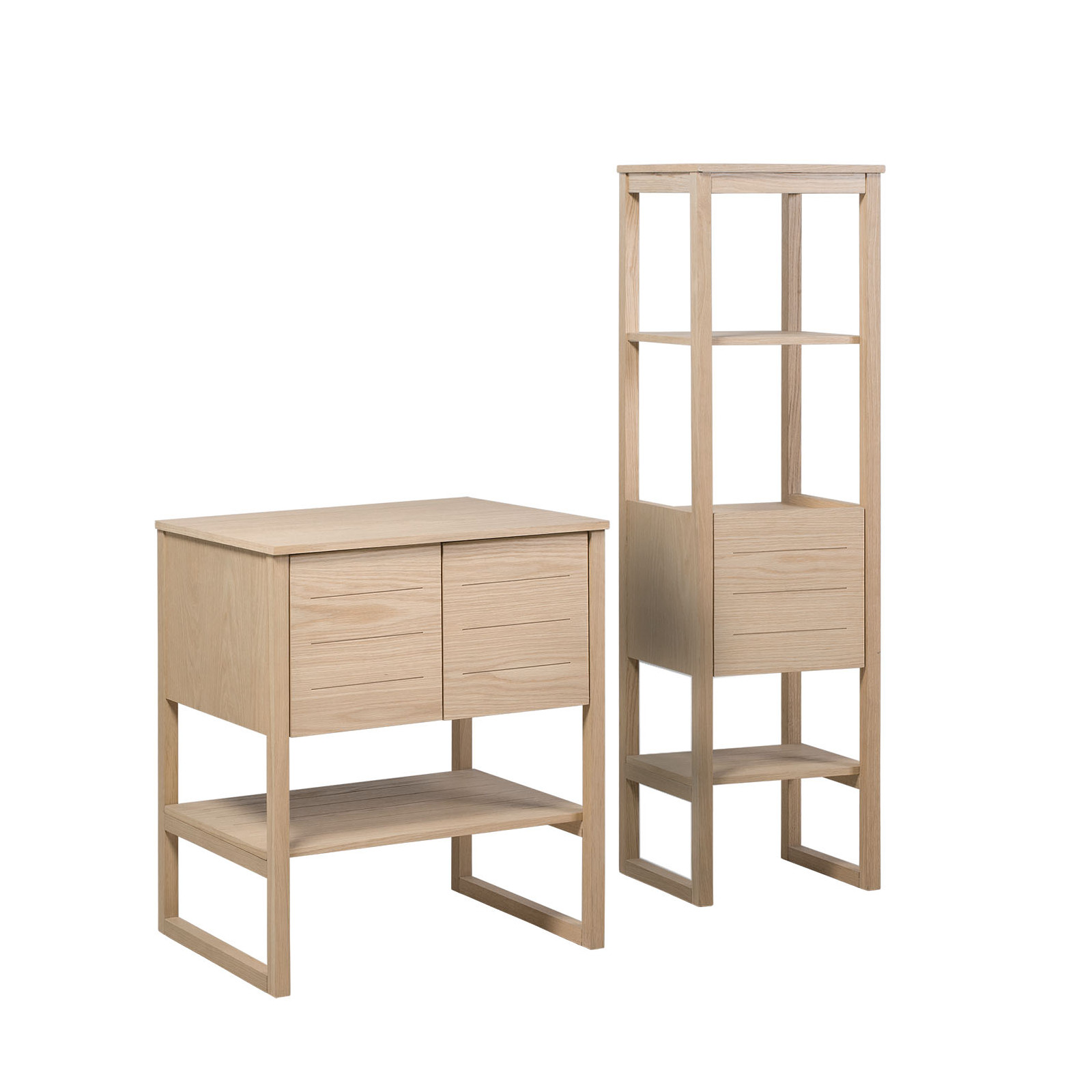 Meuble De Salle De Bain Chêne 70 Cm + Colonne De Rangement Chêne 145 Cm Atoll