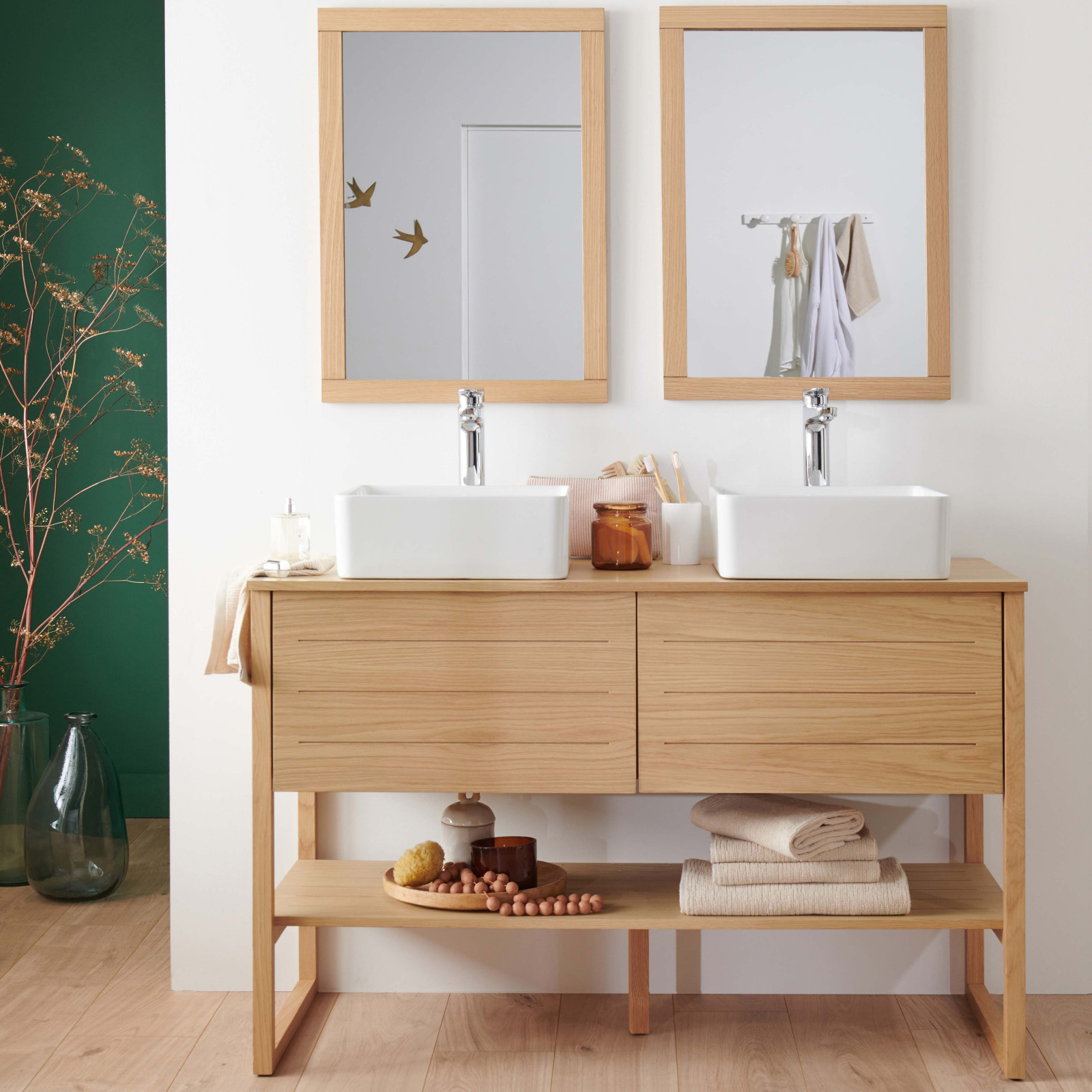 Meuble Sous Vasque Plaqué Chêne Naturel Atoll 120cm + Vasque + Miroir Carré