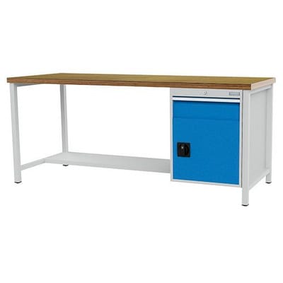 Kastenwerkbank Breite 2000 mm, R18-24, 1 x Schublade, 1 x Flügeltüre, 1 x Stahlfachboden halbe Tiefe Maße in mm (BxTxH): 2000 x 750 x 859