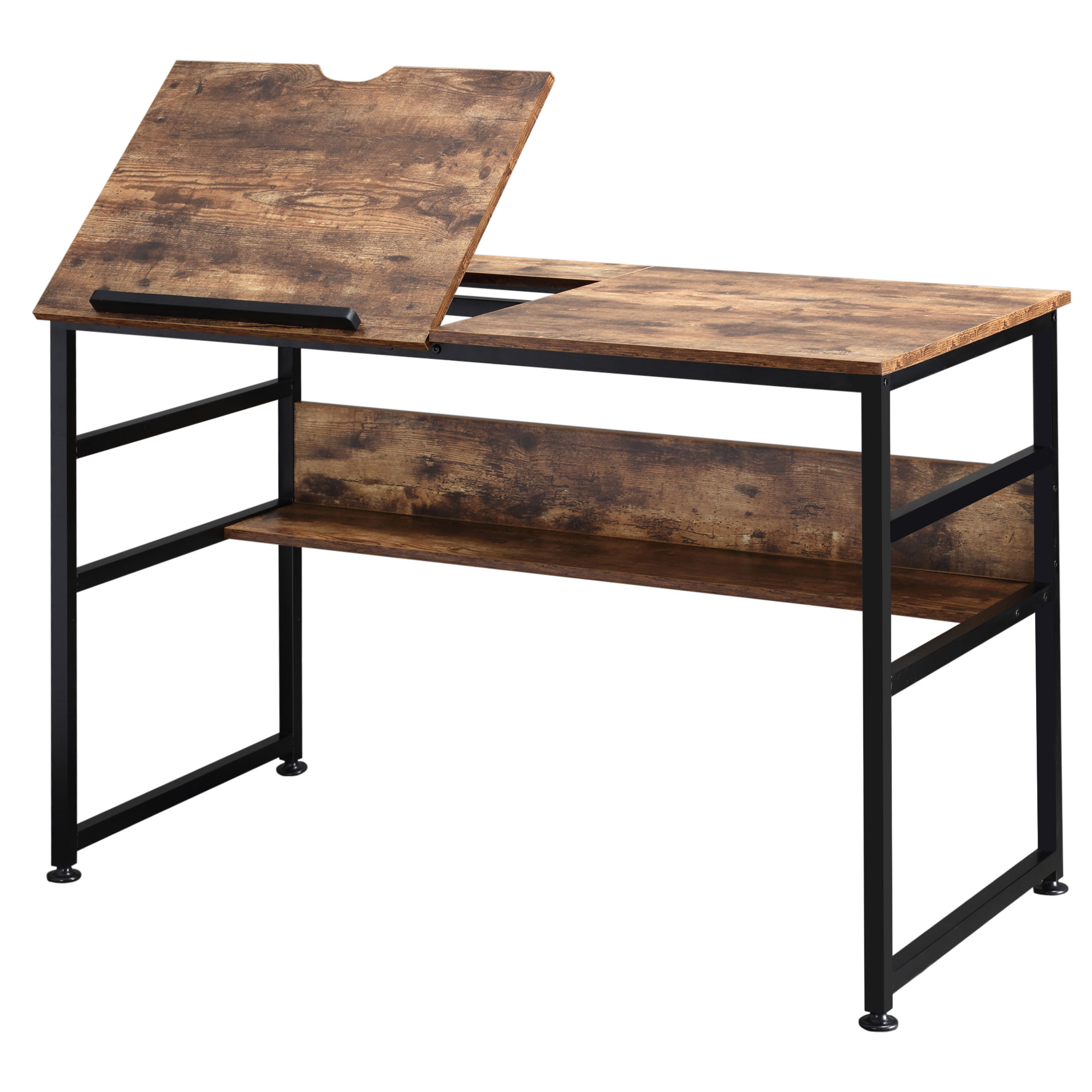 Homcom Industriedesign-neige-zeichentisch – Verstellbare Tischplatte, Integrierte Ablage – Stil: Antikholz Und Schwarzes Metall
